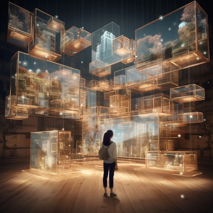 Girl standing in dark exhibition space, glass cubes hang from ceiling with images of future green city