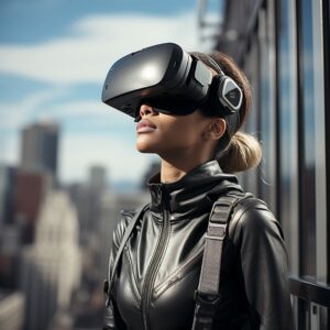 In the picture, there is a girl wearing a VR headset. She is also dressed in a black leather jacket. The VR headset covers her eyes, and she appears to be engaged in a virtual reality experience.
