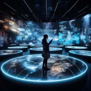 In a dark cylindrical exhibition, a girl stands. A circle of light at her feet reveals images of a future city on the walls.