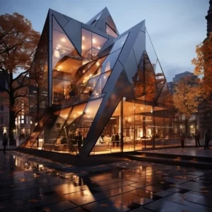 This futuristic building seamlessly combines a pyramid and a cube, creating a visually captivating structure with an extensive use of glass throughout its entire façade-Building architecture.
