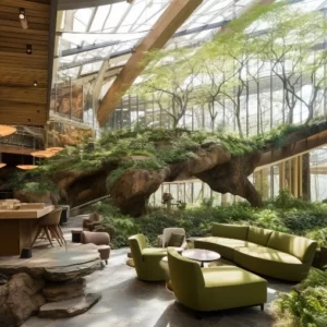 Sustainable Architecture - It's a bright atrium filled with greenery, natural wood, and sunlight from a large skylight in the ceiling