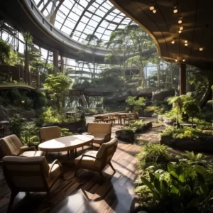 an indoor garden with lots of green plants, natural wood, and sunlight streaming in from a large opening in the ceiling. It's a perfect blend of nature and sustainable architecture.