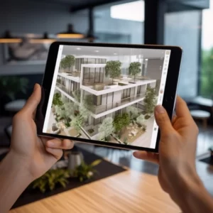 digital architecture - A tablet screen. It's as if you're holding a small, flat device in your hands. On the screen, you can imagine a building, like a tiny architectural model, being displayed. It's as if the building is right there on the screen, and you can explore it with your fingers.