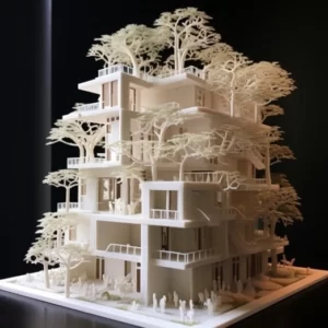 a 3D-printed model of a six-story residential building with plastic trees inside. It's a tactile representation that allows you to feel the building's design and the presence of trees, enhancing your understanding of the architecture-digital architecture.