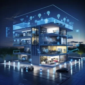there's a three-story house surrounded by app icons. The icons symbolize the smart features that are integrated into the house for a convenient and connected living experience.