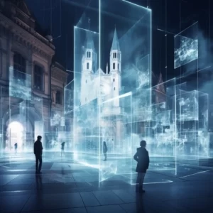 An exhibition where people use augmented reality to view virtual buildings integrated into the real environment. It's a captivating blend of digital and physical worlds.