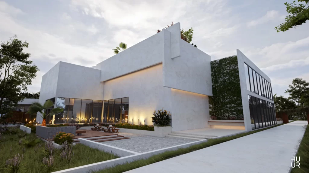 A MODERN BUILDING WITH WHITE MATERIAL AND FUTURISTIC DOME WITH LANDSCAPE DESIGN as Architectural services in Canada