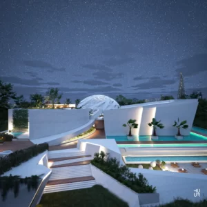 A MODERN BUILDING WITH WHITE MATERIAL AND FUTURISTIC DOME WITH LANDSCAPE DESIGN