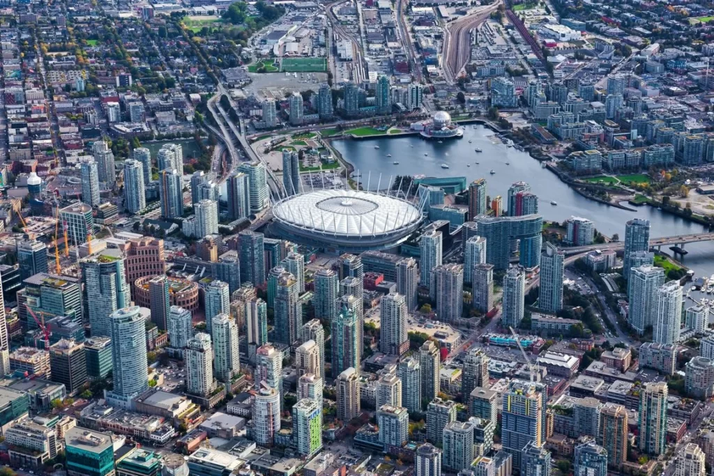 Aerial view of the City Buildings in Vancouver Downtown , British Columbia, Canada. Modern Cityscape - Architectural Services in Vancouver