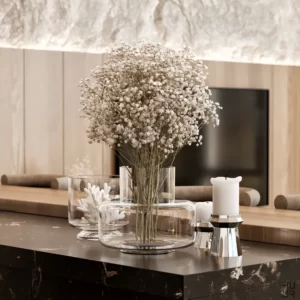 A GLASS VASE AND WHITE FLOWERS RENDERING AND ARCHITECTURAL MODELING OF LIVING ROOM