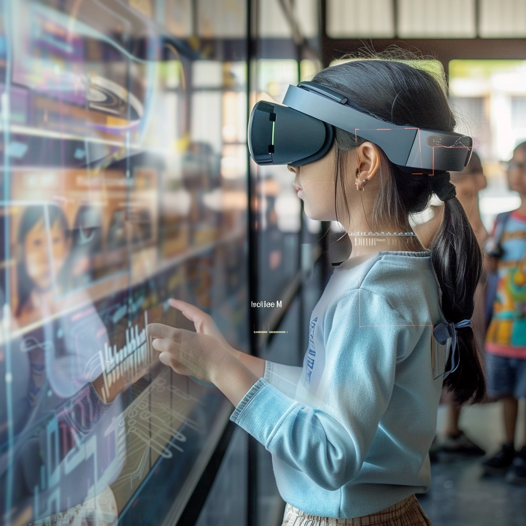 AR technology is being utilized to educate children. In this scenario, a young girl is seen wearing an AR headset, completely immersed in a new virtual world.