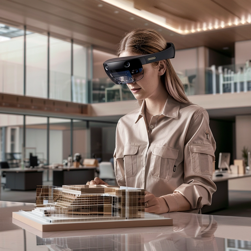 Augmented Reality in Construction usage with a young woman in office