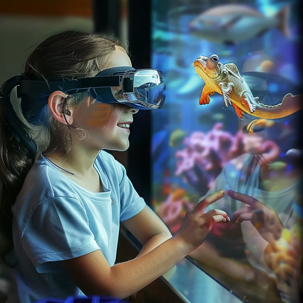 AR technology is being used for kids, a young girl wearing a headset and smiling and engaged in an immersive experience.