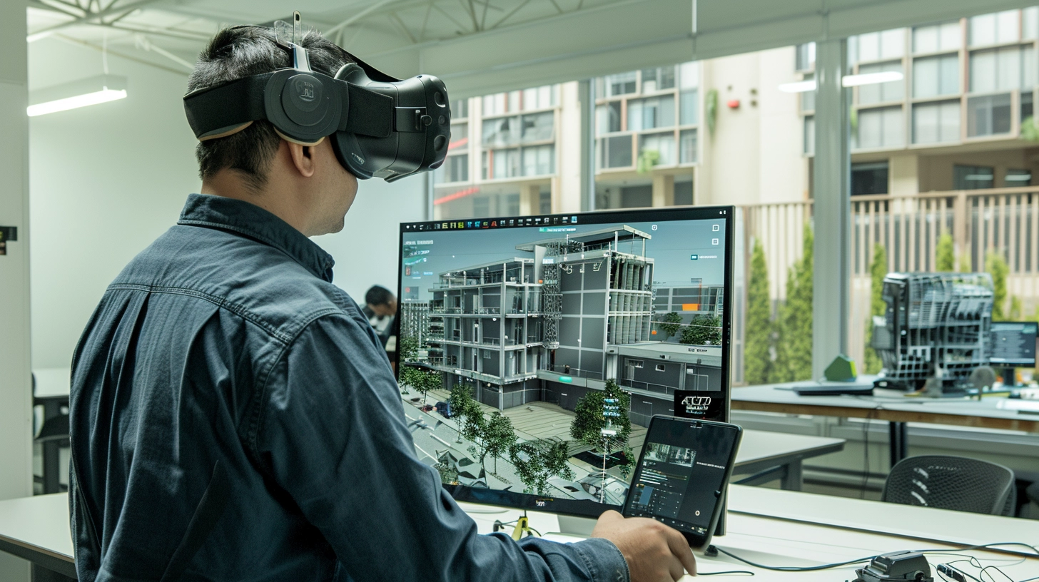 a man wears an AR headset and immersed in office space.