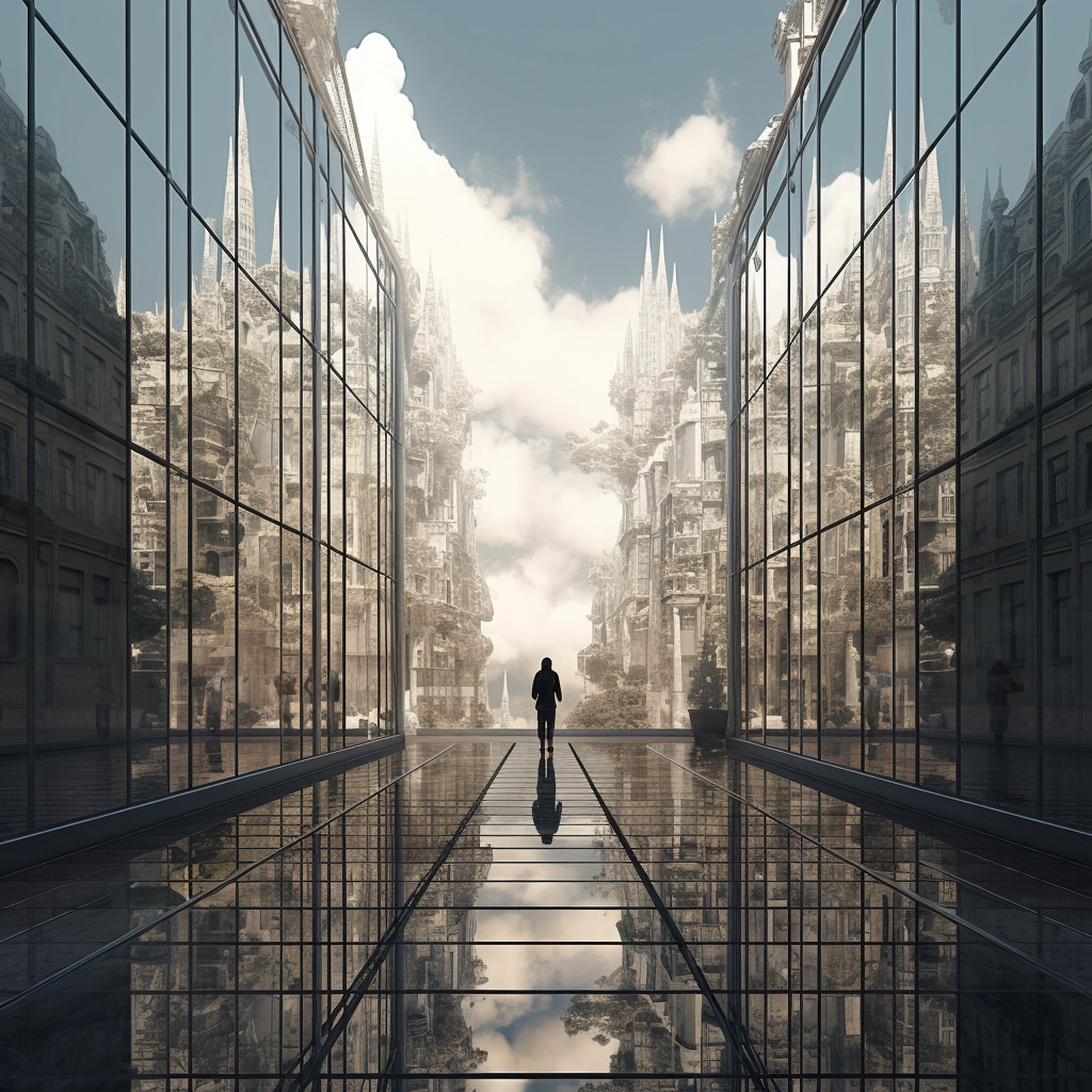 three glass buildings and a girl walking through to imagine the Exploring the Boundless Realm of Augmented Reality (AR)