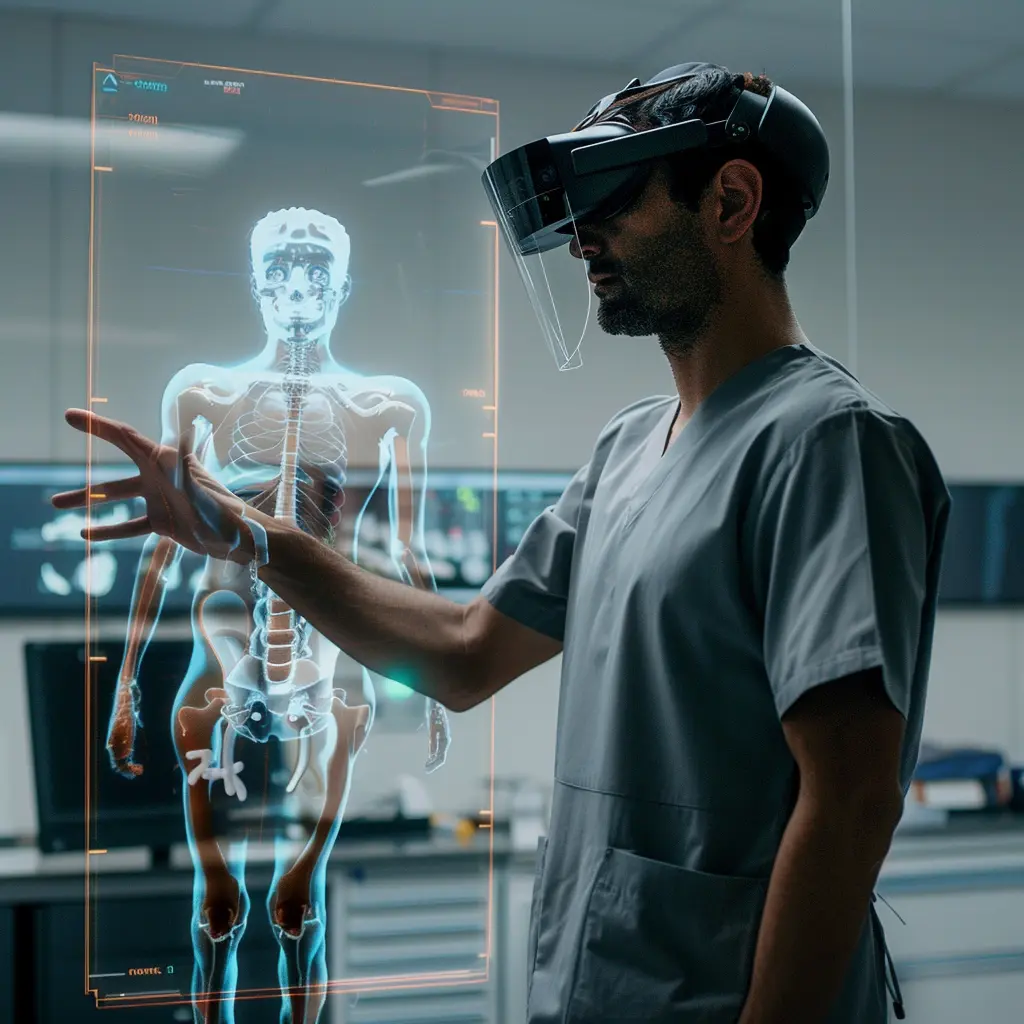 A physician can wear an AR headset to view X-ray images in a more immersive and interactive manner.