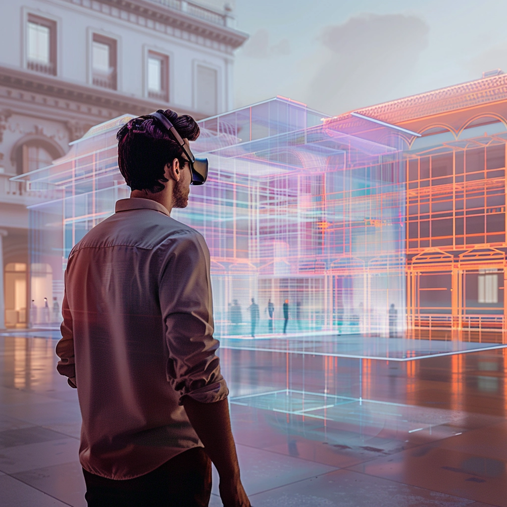 a young man standing up and experience the space with AR headsets