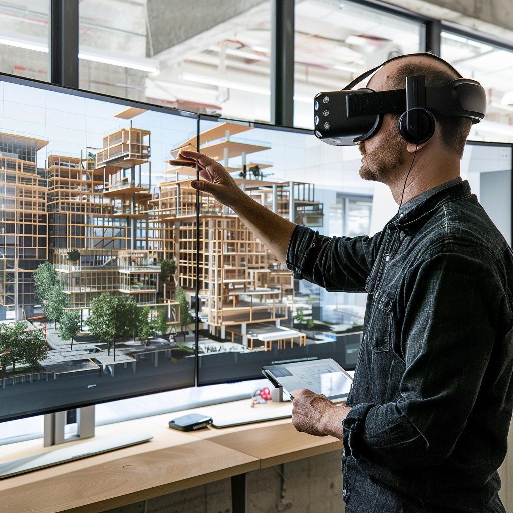 a young man wears a headset for augmented reality