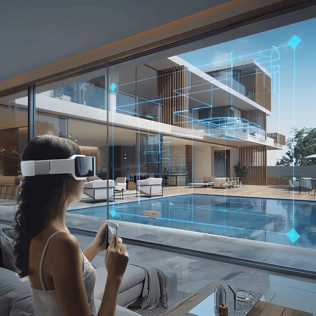 Augmented Reality in Construction usage with a young woman in house with headset