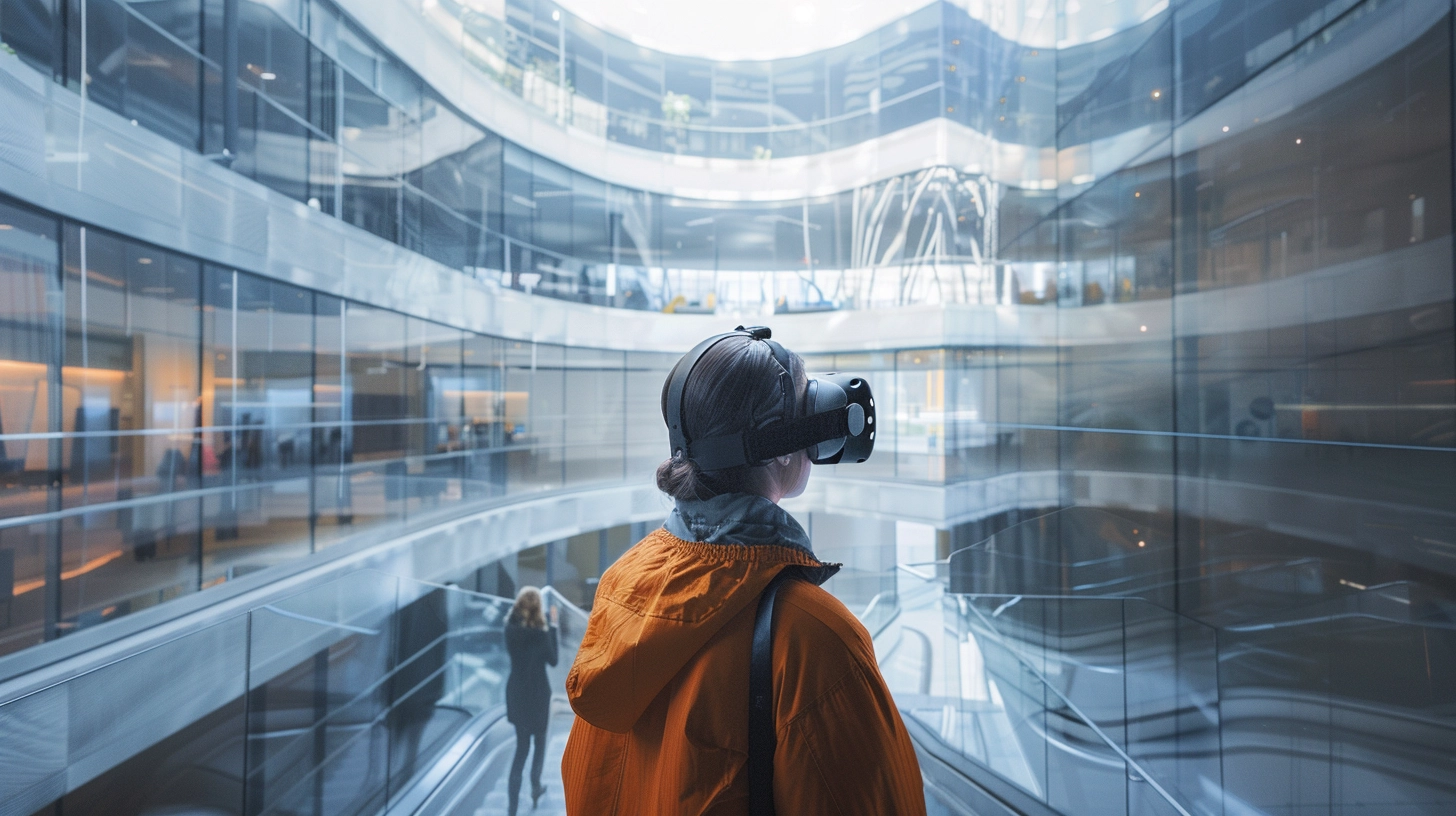 A WOMAN WITH ORANGE JACKET IMMERSED IN MODERN ARCHITECTURE ENVIRONMENT.