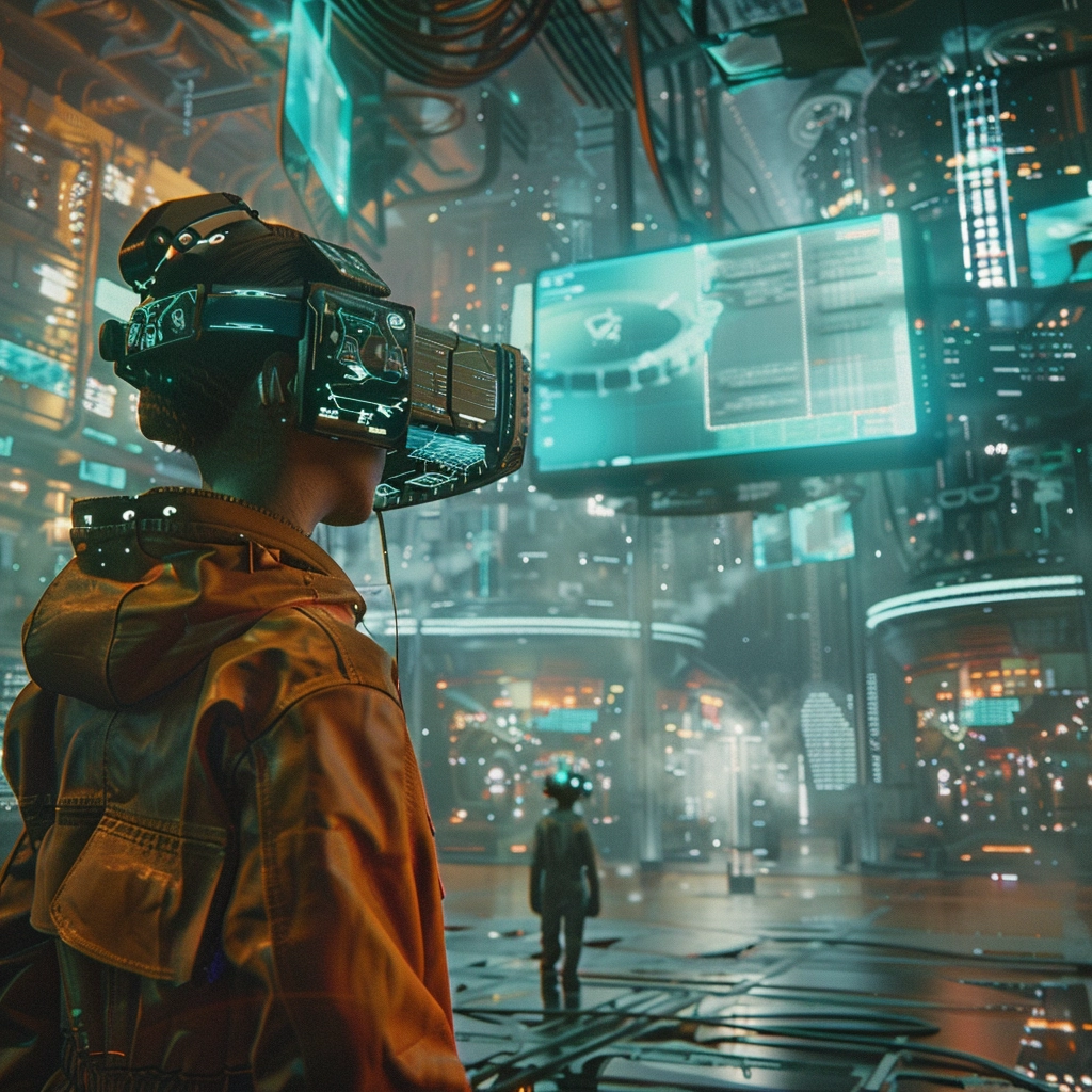 Immersed in a new world, a young girl adorned in an orange jacket explores the realm of Augmented Reality Design.