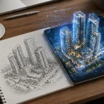 AI and PropTech in architectural visualization.architectural visualization showing residential tower design from sketch to photorealistic 3D render in a presentation center