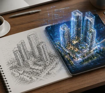 AI and PropTech in architectural visualization.architectural visualization showing residential tower design from sketch to photorealistic 3D render in a presentation center