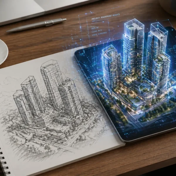 AI and PropTech in architectural visualization.architectural visualization showing residential tower design from sketch to photorealistic 3D render in a presentation center