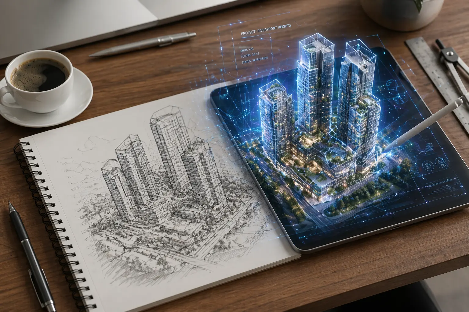 AI and PropTech in architectural visualization.architectural visualization showing residential tower design from sketch to photorealistic 3D render in a presentation center