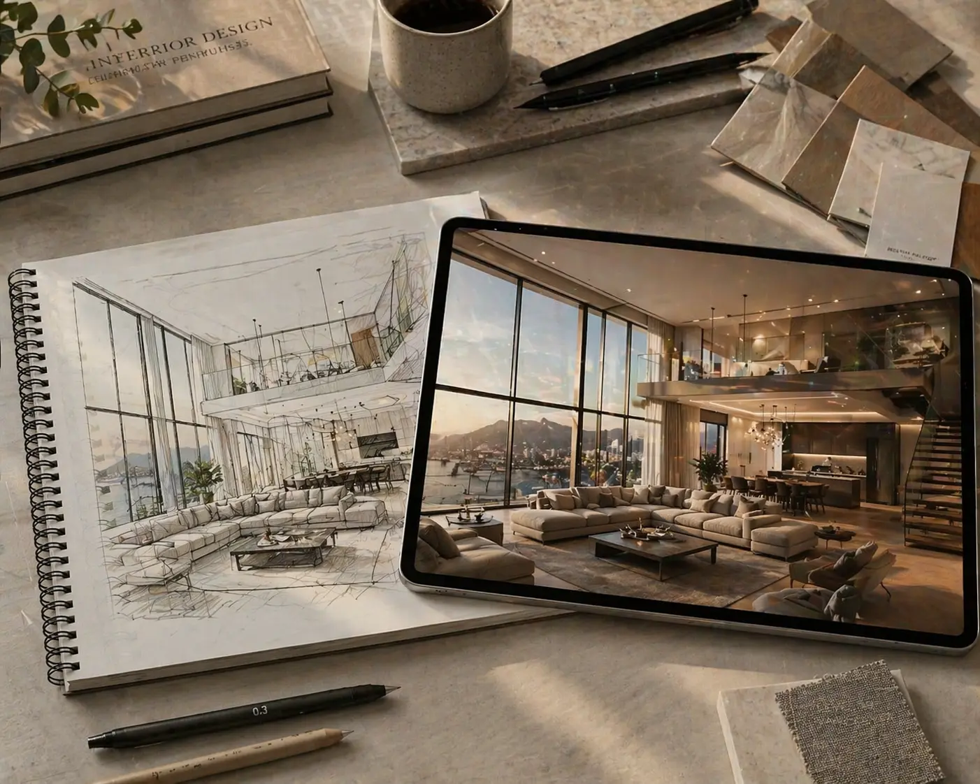 AI and PropTech in architectural visualization.architectural visualization showing residential tower lobby design from sketch to photorealistic 3D render in a presentation center