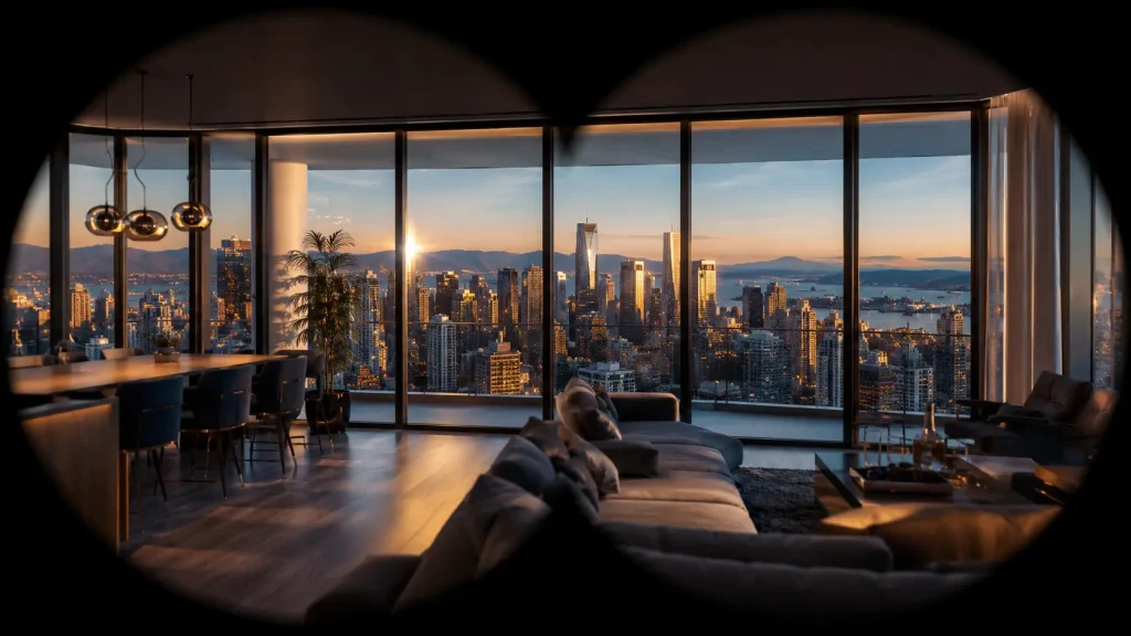 A photorealistic immersive virtual environment of a luxury high rise living room viewed through a VR headset lens, showing a dramatic Vancouver city skyline at golden hour through expansive floor to ceiling windows, representing real time architectural visualization from a first person perspective 