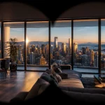 A photorealistic immersive virtual environment of a luxury high-rise living room viewed through a VR headset lens, showing a dramatic Vancouver city skyline at golden hour through expansive floor-to-ceiling windows, representing real-time architectural visualization from a first-person perspective.