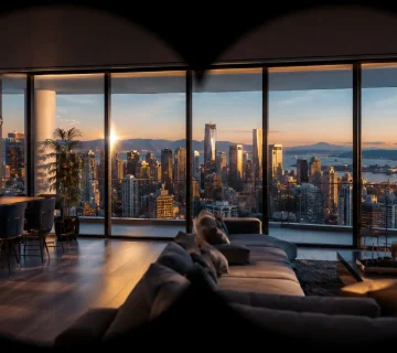 A photorealistic immersive virtual environment of a luxury high rise living room viewed through a VR headset lens, showing a dramatic Vancouver city skyline at golden hour through expansive floor to ceiling windows, representing real time architectural visualization from a first person perspective 