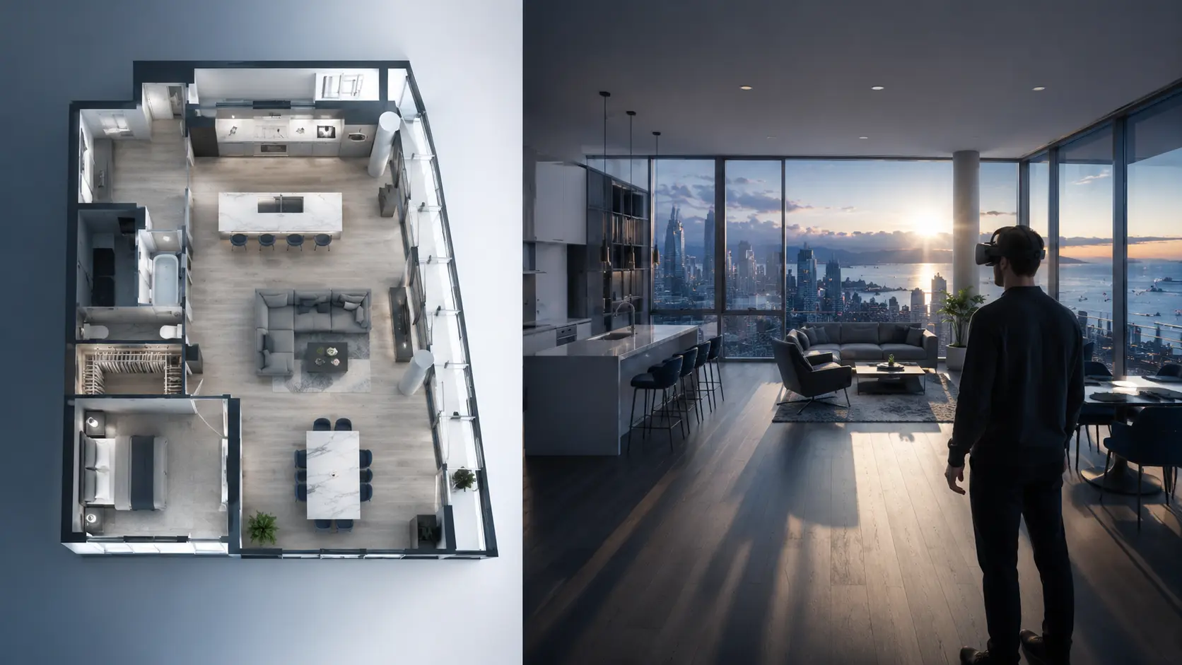 A photorealistic immersive virtual environment of a luxury high-rise living room viewed through a VR headset lens, showing a dramatic Vancouver city skyline at golden hour through expansive floor-to-ceiling windows, representing real-time architectural visualization from a first-person perspective.