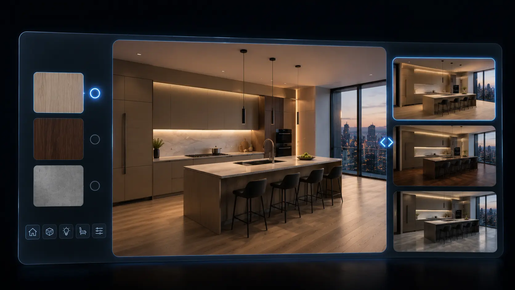 An interactive virtual environment interface displaying a photorealistic luxury kitchen visualization with real-time material switching options — white oak, walnut, and concrete finishes — alongside multiple design variation previews, representing immersive architectural visualization technology.