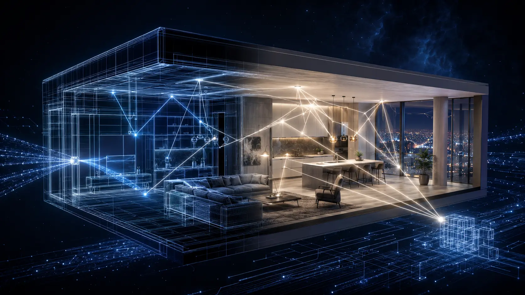 Photorealistic architectural visualization of a modern interior space overlaid with a glowing digital wireframe blueprint, representing immersive virtual environments in architectural design.