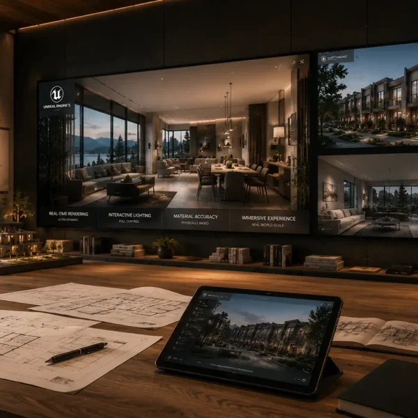 Minimal architectural presentation studio with Unreal Engine visualization screens, real time architectural visualization workflow, townhouse renders, and interactive real estate marketing environment
