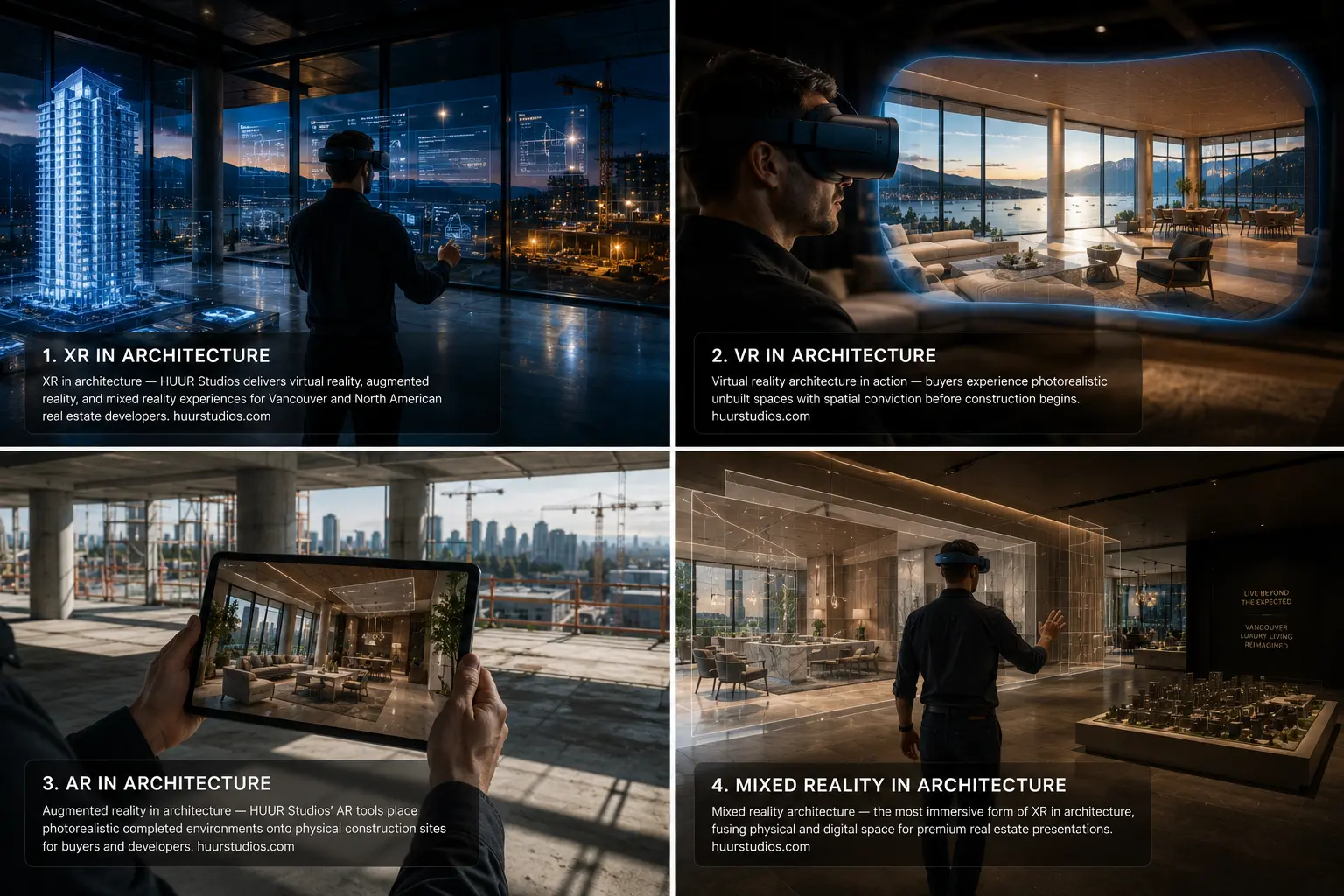 XR in architecture showing developer using VR headset inside photorealistic unbuilt luxury tower with AR overlays and mixed reality construction environment