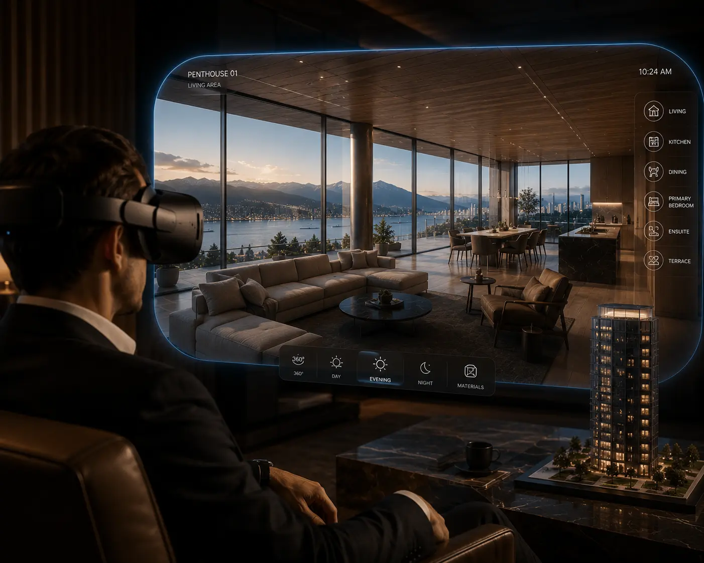virtual reality architecture presale experience showing Vancouver luxury penthouse walkthrough with ocean and mountain views through VR headset