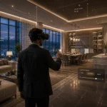 XR in architecture  mixed reality architecture experience showing developer walking through Vancouver sales suite with photorealistic digital finishes spatially anchored to physical space