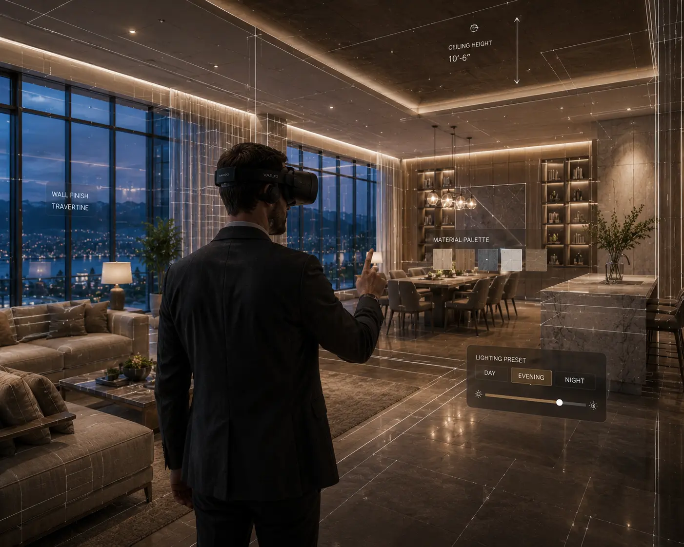 XR in architecture  mixed reality architecture experience showing developer walking through Vancouver sales suite with photorealistic digital finishes spatially anchored to physical space