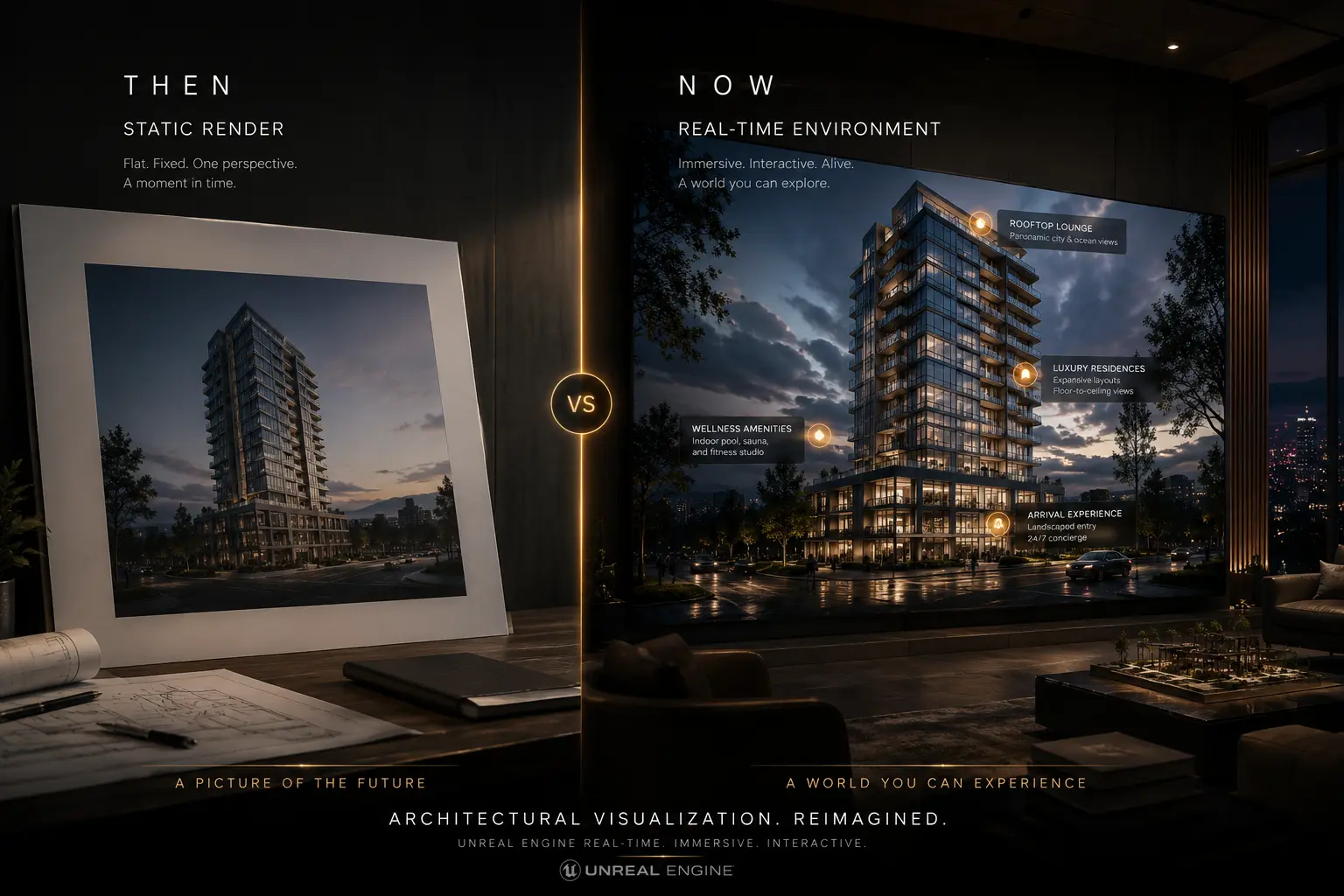 Future of architectural visualization, Unreal Engine quality, cinematic composition, ultra-detailed, 8K.