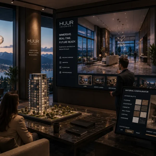 HUUR Studios immersive visualization technology in Vancouver luxury real estate sales suite with interactive architectural experience and real time configurator
