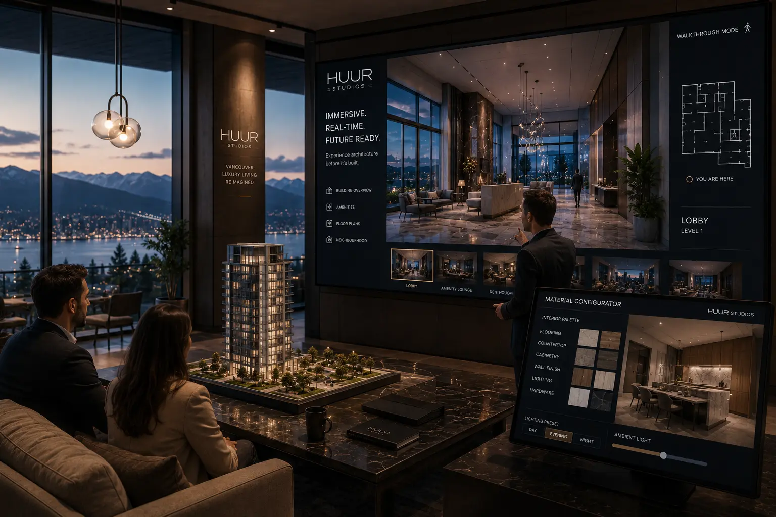HUUR Studios immersive visualization technology in Vancouver luxury real estate sales suite with interactive architectural experience and real time configurator