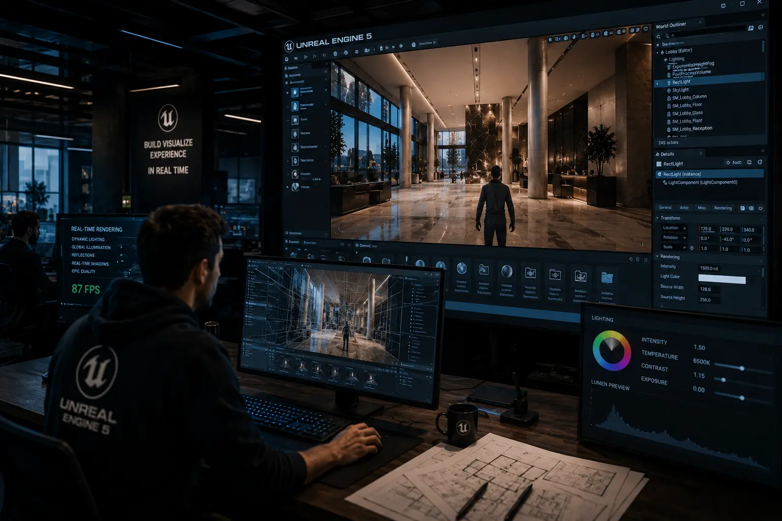 next-generation architectural visualization studio using Unreal Engine game engine for real-time cinematic rendering and interactive architectural experiences