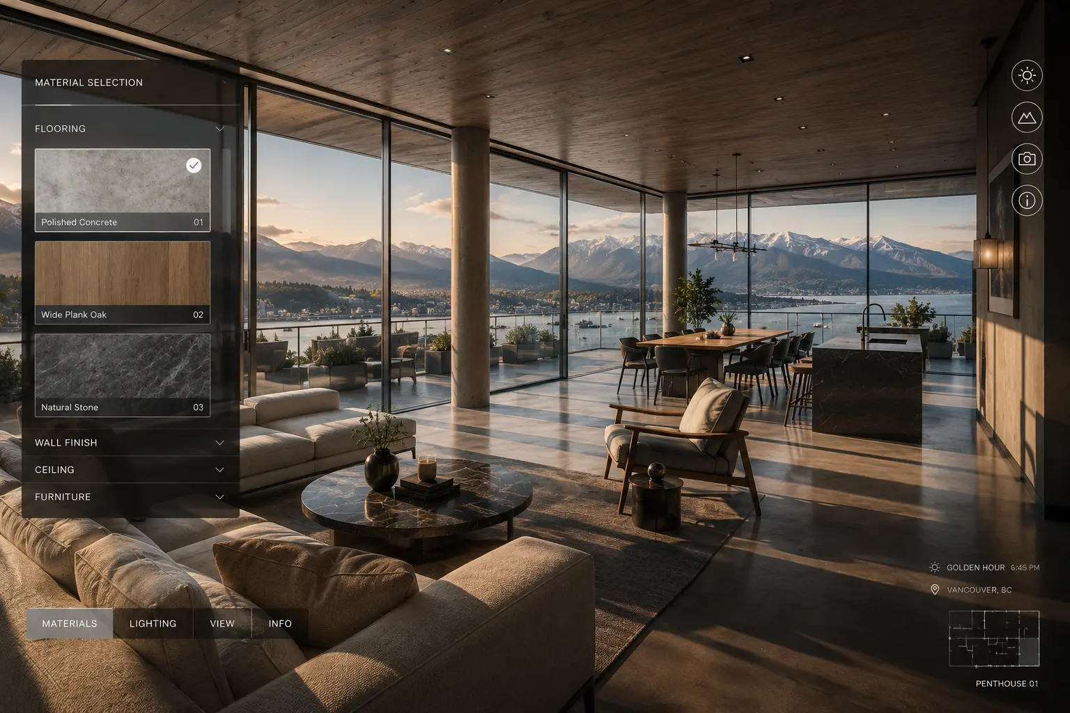 real-time architectural visualization of Vancouver luxury penthouse with interactive material configurator and cinematic golden hour lighting