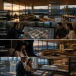 Residential design studio real time visualization showing modern Vancouver home interior with mountain views interactive material panels and cinematic golden hour lighting
