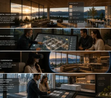 Residential design studio real time visualization showing modern Vancouver home interior with mountain views interactive material panels and cinematic golden hour lighting