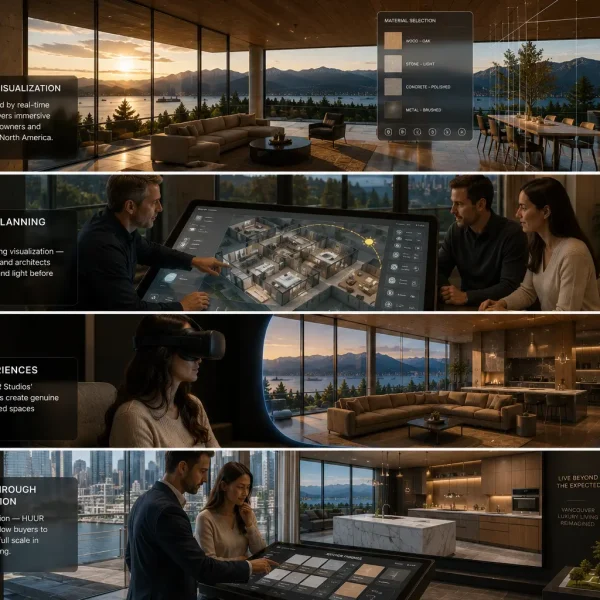 Residential design studio real time visualization showing modern Vancouver home interior with mountain views interactive material panels and cinematic golden hour lighting