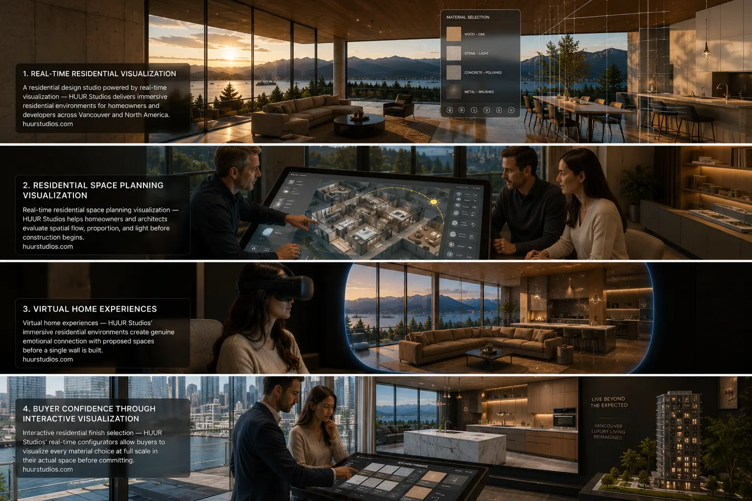 Residential design studio real time visualization showing modern Vancouver home interior with mountain views interactive material panels and cinematic golden hour lighting